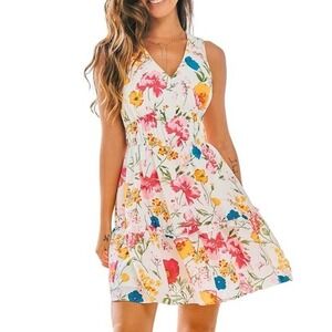 Floral Sleeveless V Neck Tiered Ruffle Mini Dress Women's Size L Cupshe